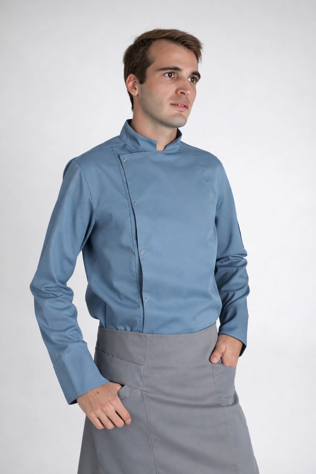 Chaqueta de chef Foster celeste con cuello mao y diseño gastronómico profesional