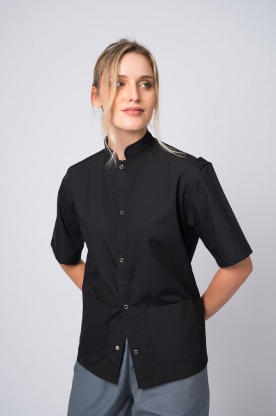 chaqueta de cocina mujer negra con cuello mao