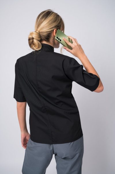 Chaqueta de cocina Harlem negra – vista trasera del uniforme gastronómico para hombre y mujer